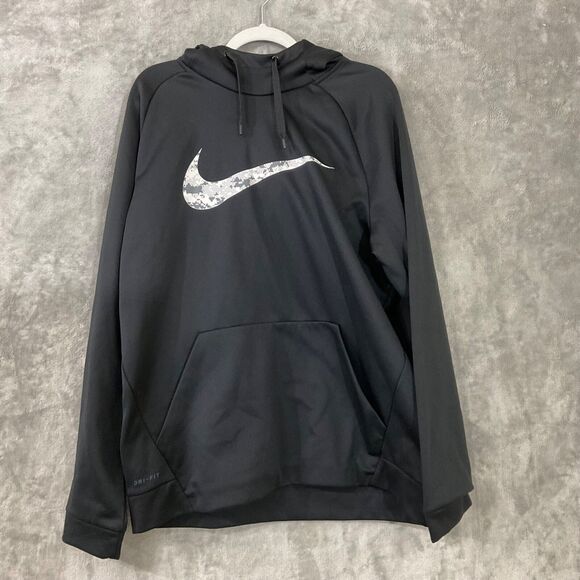 Nike Men Sweatshirt XL Black Hoodie pixel cammo Logo Big Swoosh Pocket Dri Fit - Picture 1 of 8